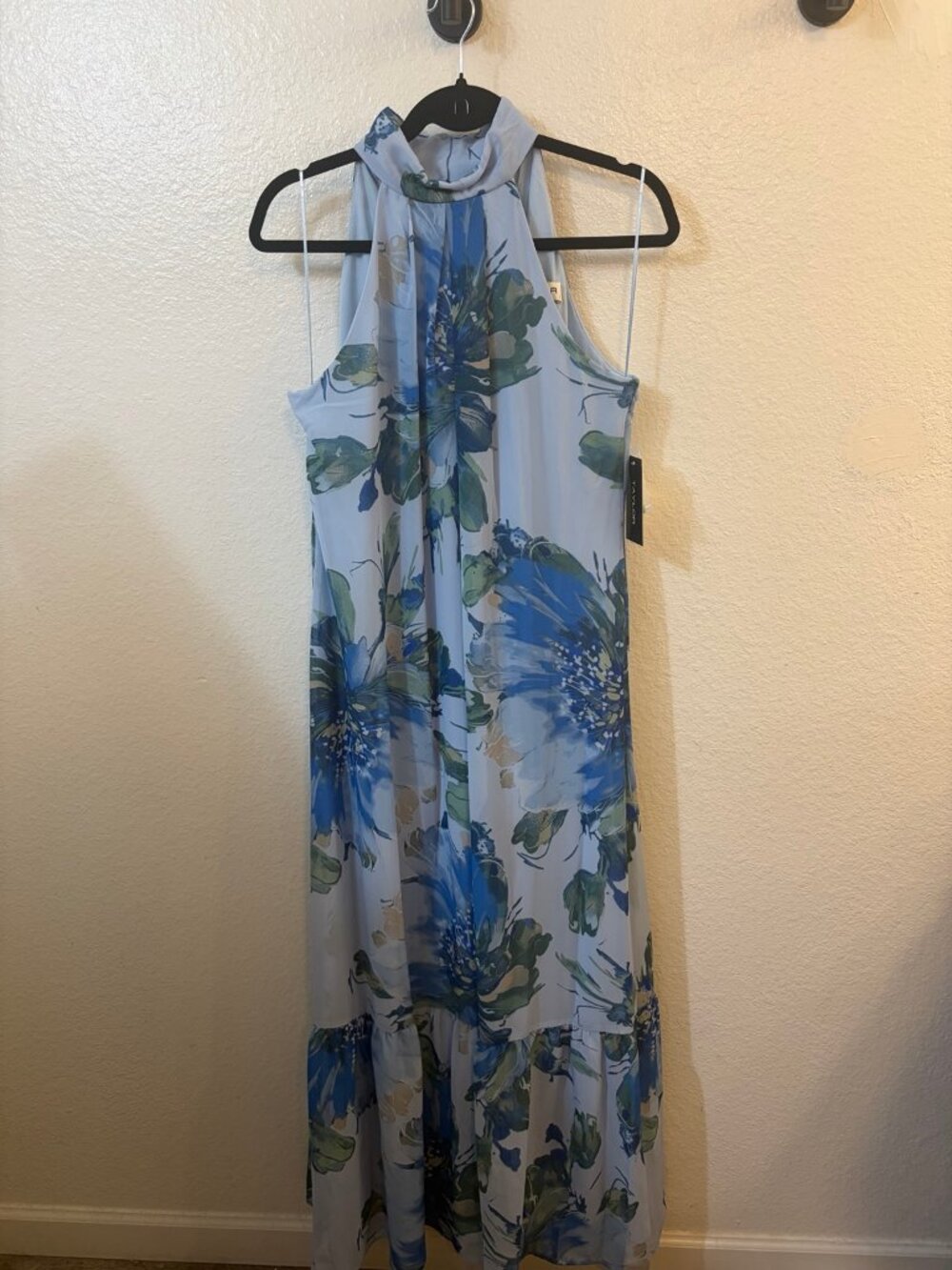 Taylor Women's Blue Floral Chiffon Halter Neck Maxi Dress – Sleeveless Ruffle He - Picture 2 of 5